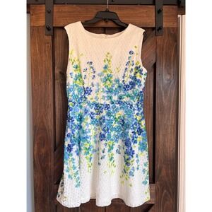 Studio One New York Blue Green Floral Eyelet Lace Fit Flare Dress Womens 14P